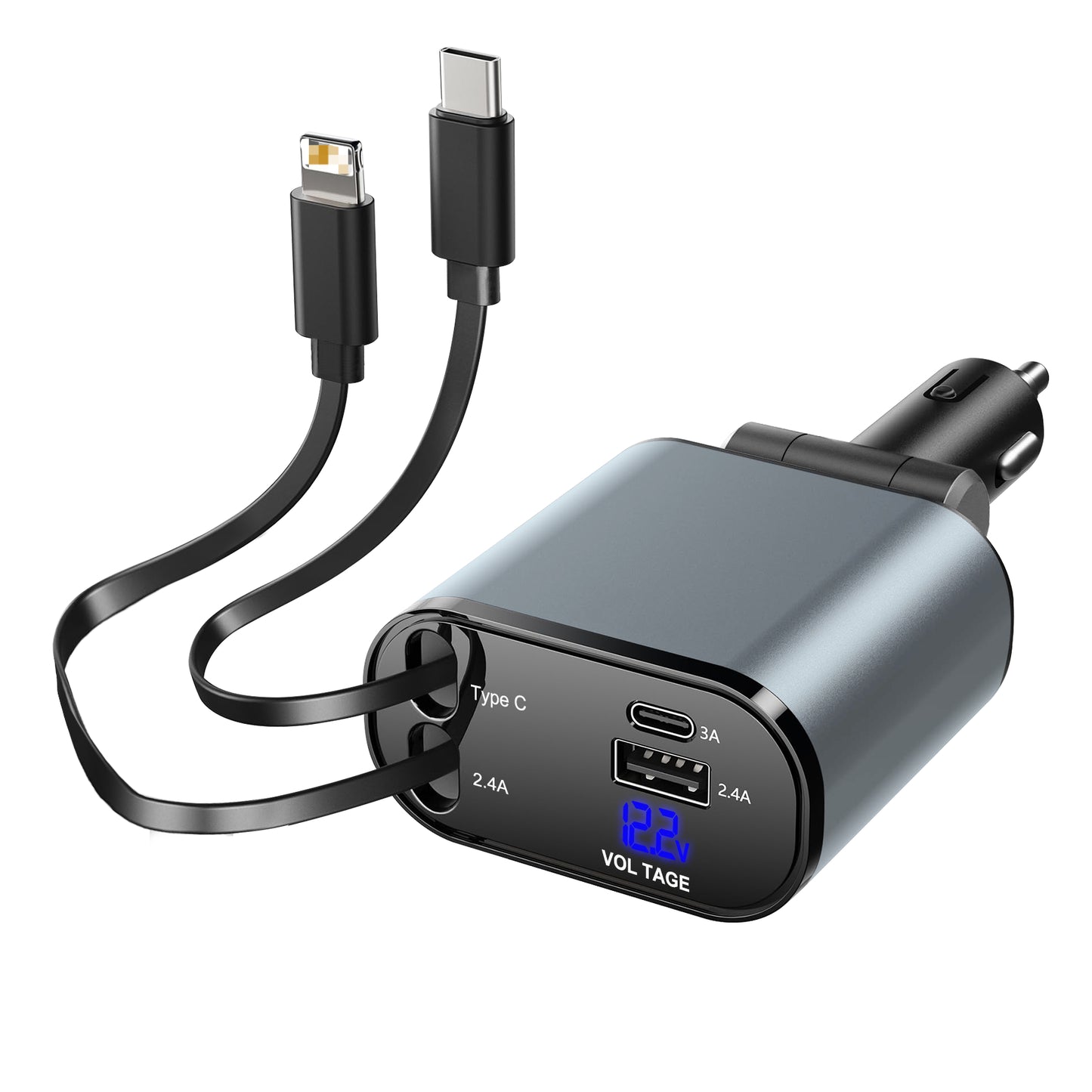 Fast Charging Retractable Car Phone Station Charger 4 in 1 LED Digital Display 2 Cables
