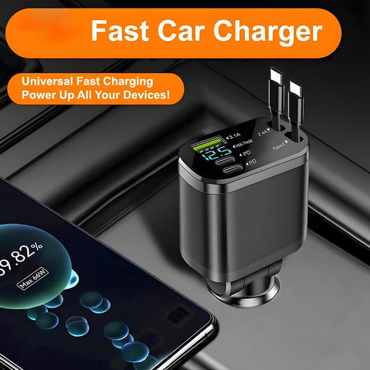 Multi-Port Fast Charging Retractable Car Charger Type-C USB-A Ports