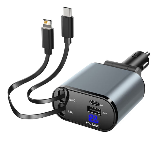 Fast Charging Retractable Car Phone Station Charger 4 in 1 LED Digital Display 2 Cables